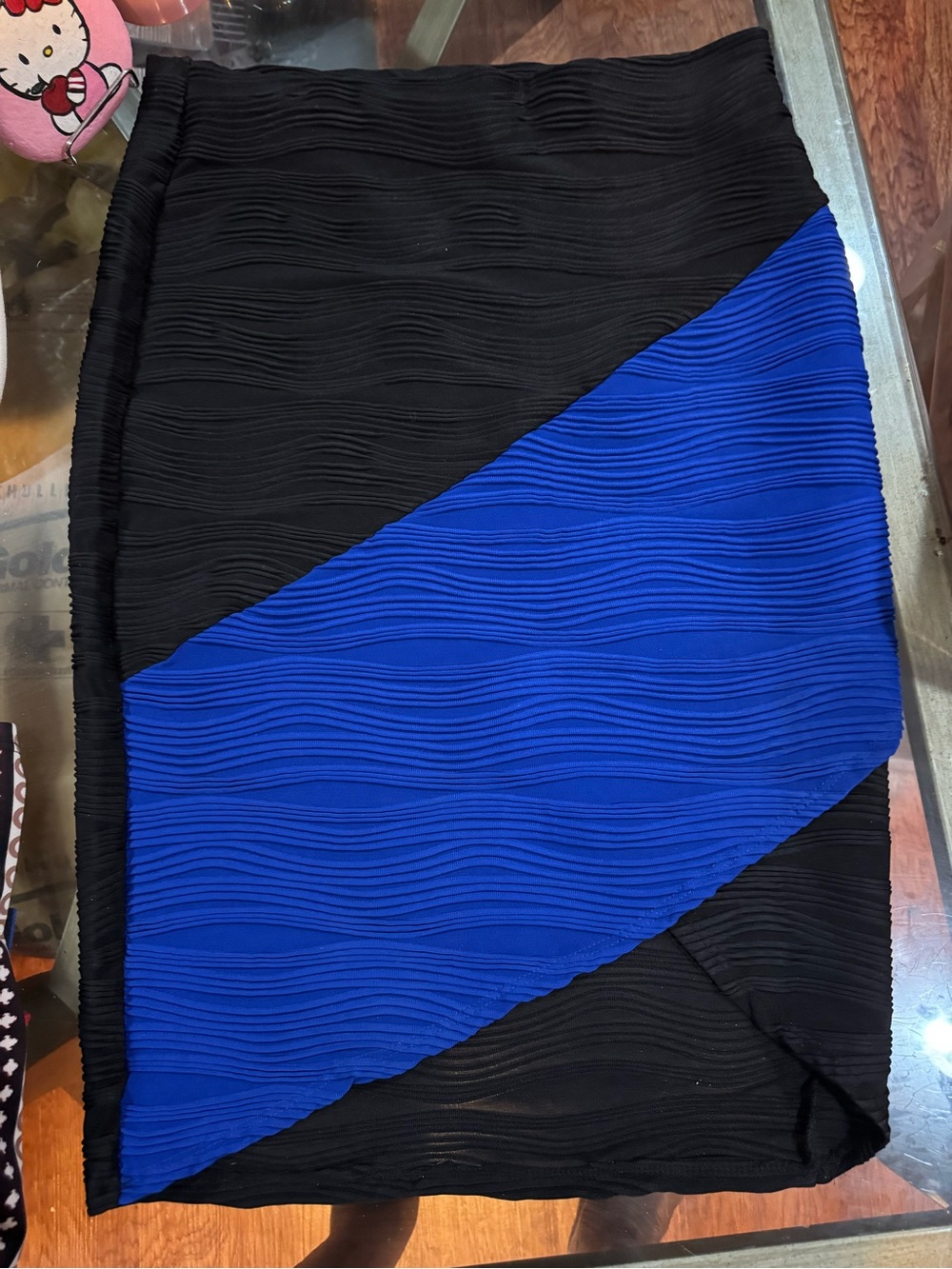 Black and Blue Textured Diagonal Panel Pencil Skirt